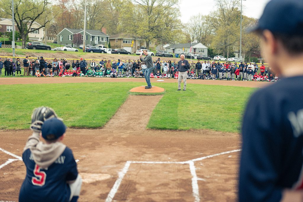 New Haven Mayor Justin Elicker throws out the First Pitch for the Annex Little League Opening Day.