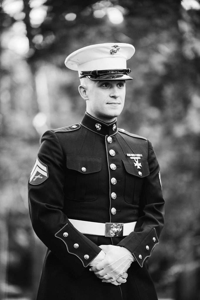 Black and White wedding photo of the groom, a U.S. Marine in uniform, waiting for the bride to arrive at The Wadsworth Mansion