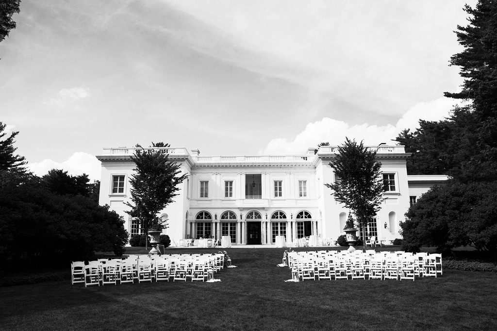 Black and White photo of the lawn setup for a wedding ceremony at The Wadsworth Mansion