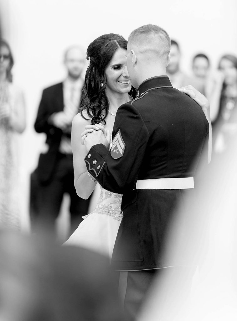 Black and White wedding photo of the bride and groom's first dance at The Wadsworth Mansion